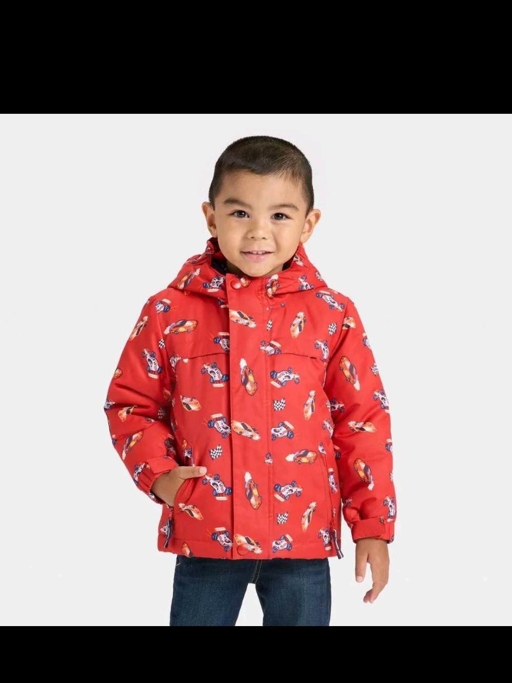 Kids Red Hooded Puffer Jacket with Racing Car Print